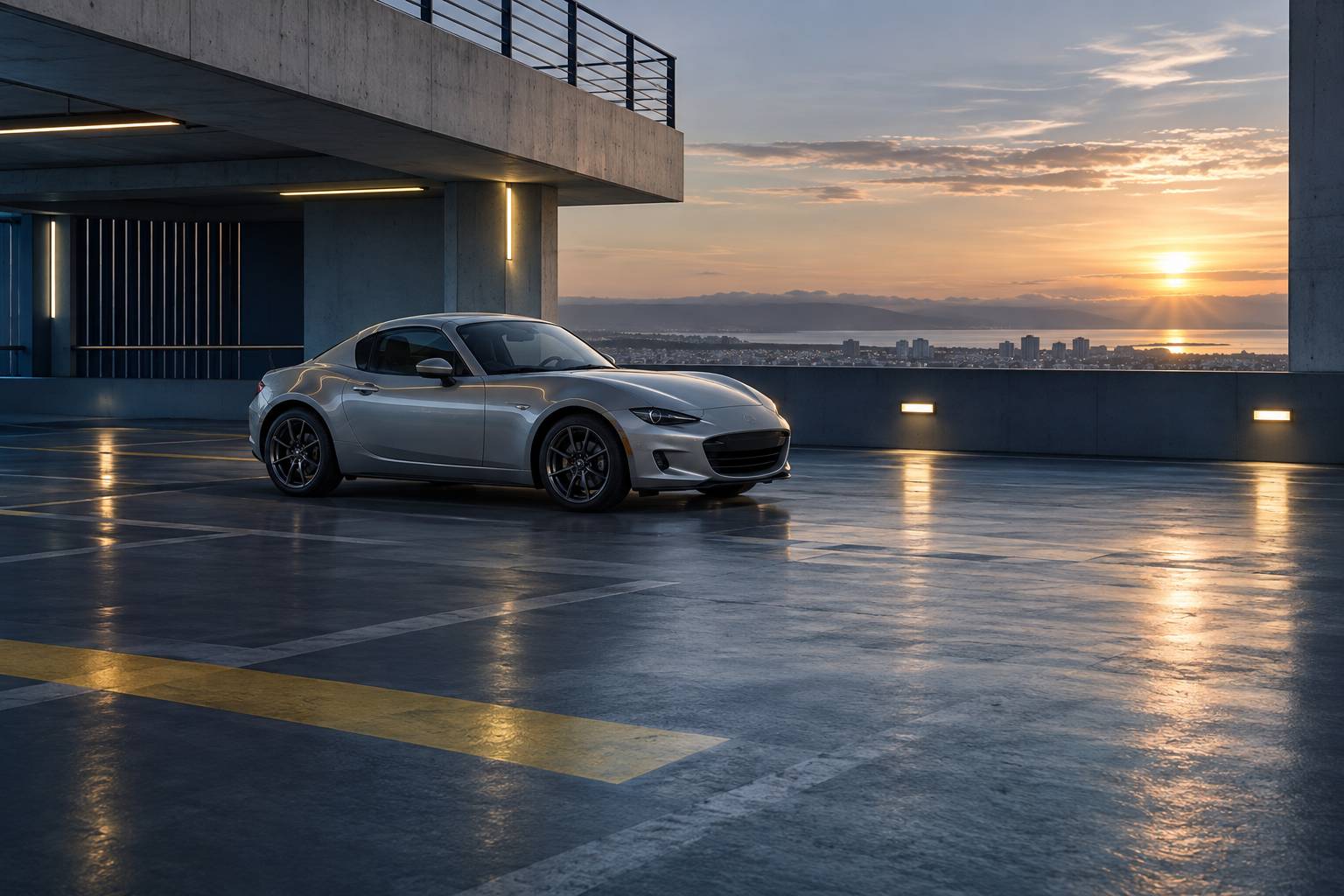 Roadster compact a toit rigide gris clair stationne sur un parking sobre