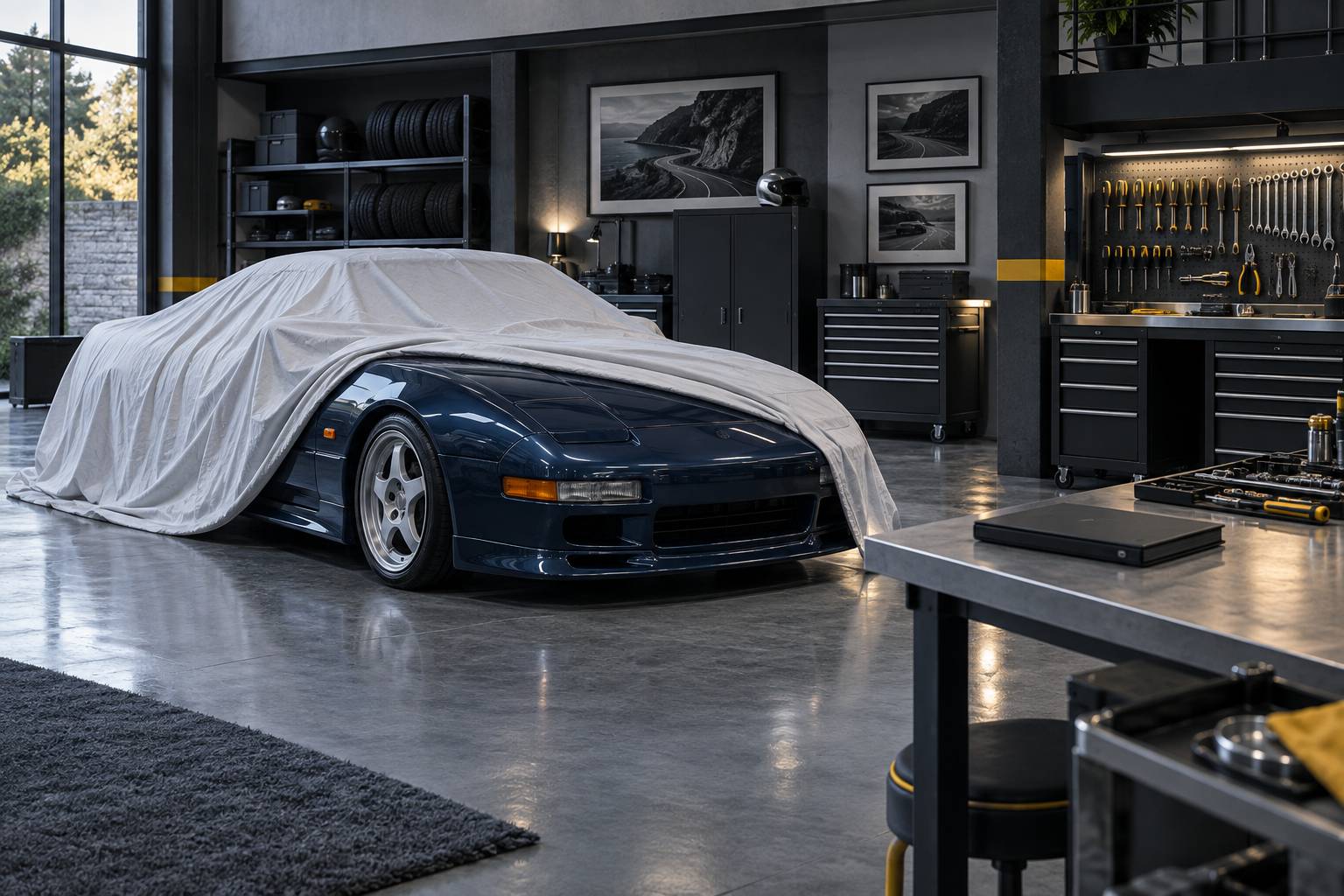 Sportive de collection sous housse dans un garage