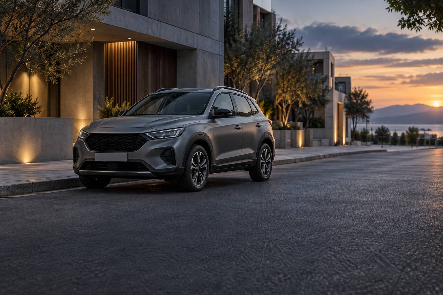 Petit SUV compact generique gris sans marquage stationne dans une rue calme
