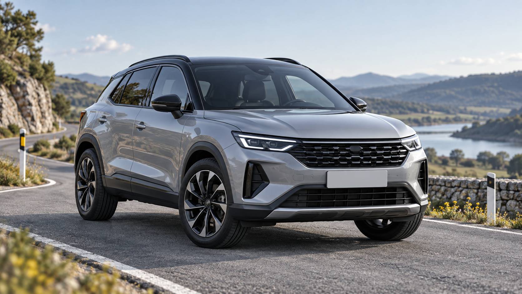 SUV compact generique de trois quarts avant sur une route de campagne