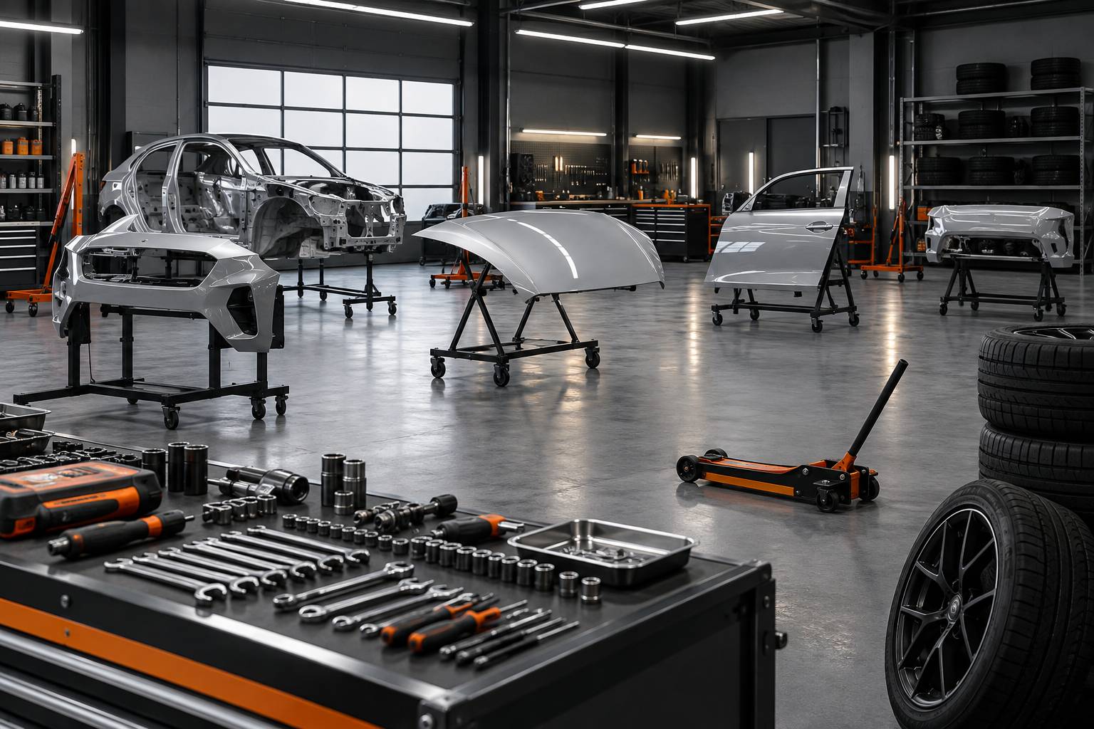 Atelier de preparation avec pieces de carrosserie, pneus et cric hydraulique