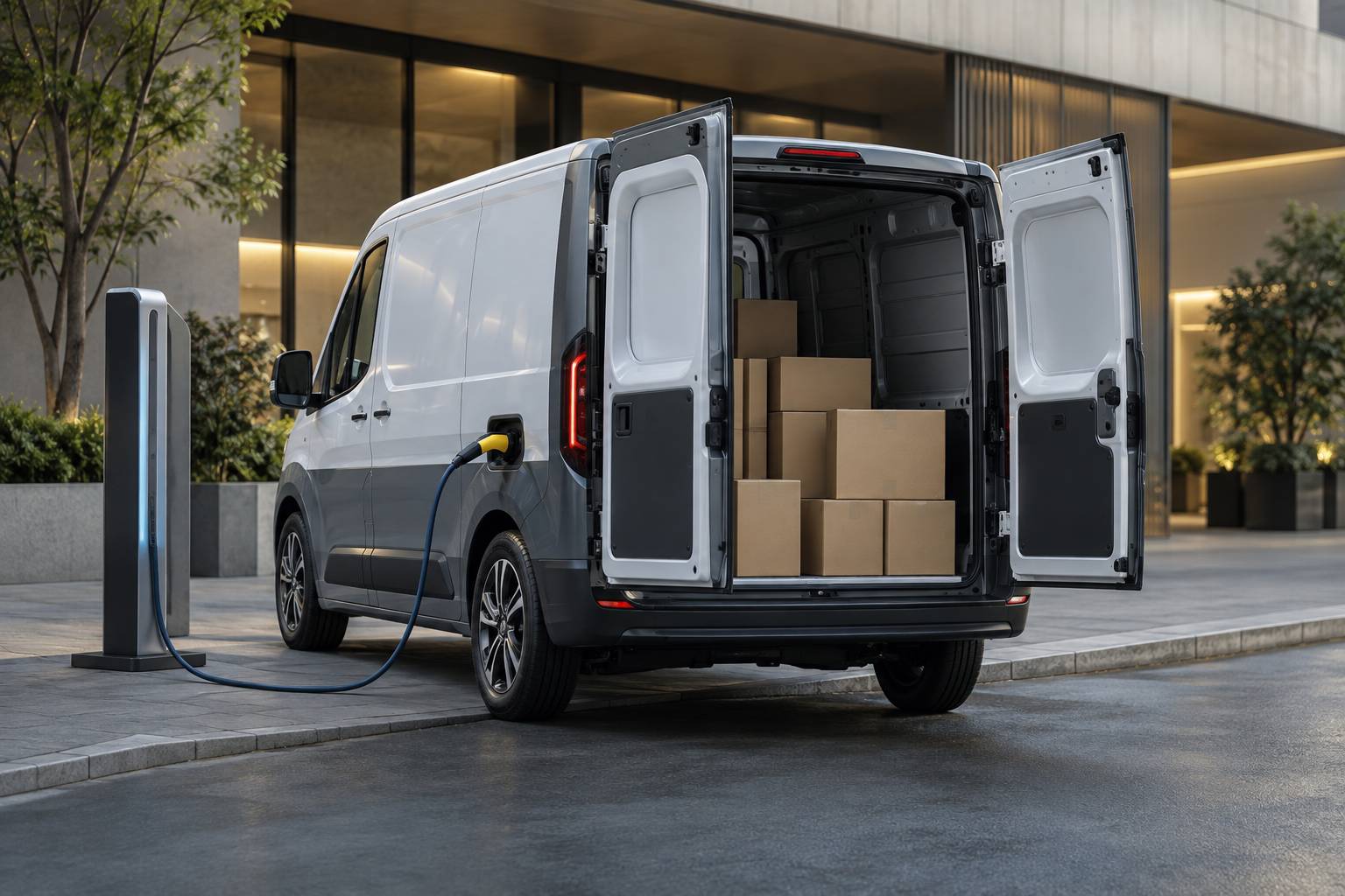 Utilitaire electrique portes ouvertes sur des colis et cable de recharge