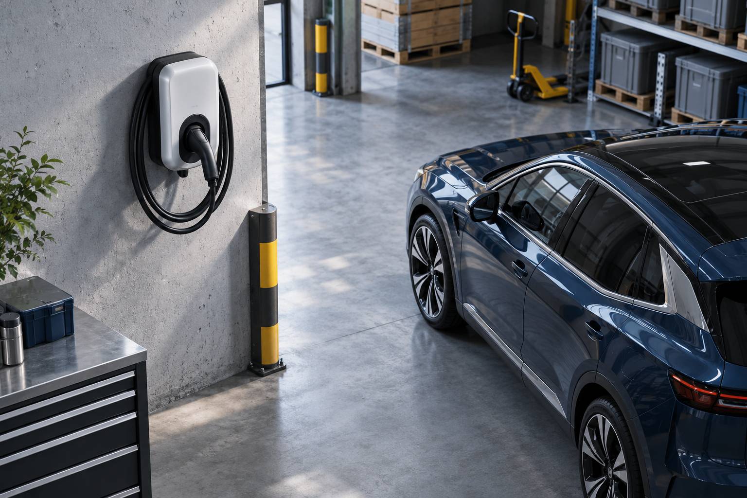 Borne de recharge murale avec connecteur et cable dans un depot